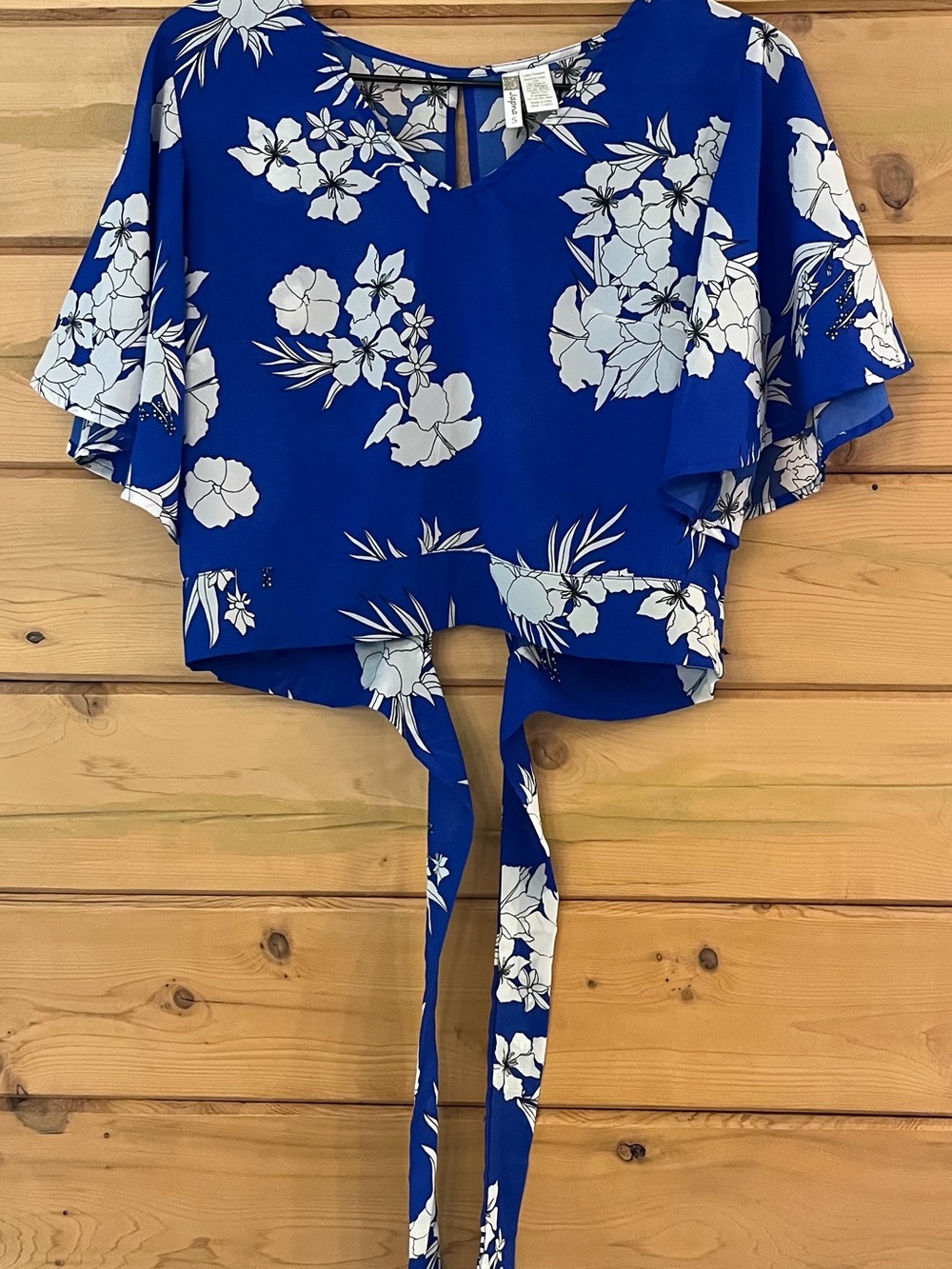 Japna Floral Tie-Back Flutter Sleeve Crop Top Blue & White Size S